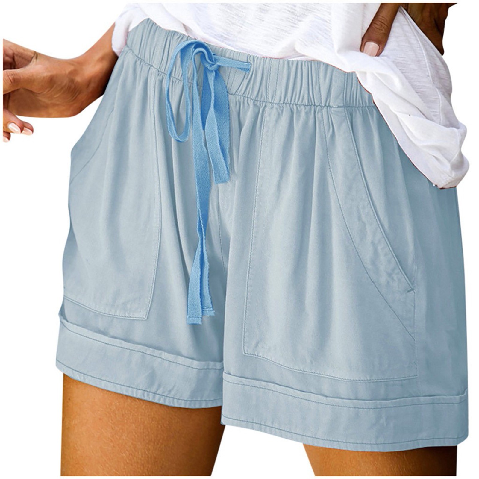 thumbnail image 3 of Pantalones cortos cómodos con cordón y cintura elástica para mujer - Pantalones holgados de color liso con bolsillos - Ropa informal de verano de poliéster, 3 of 8